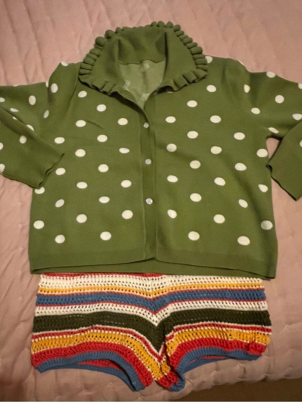 Green Polka Dot Women’s Cardigan with Ruffle Collar and crochet shorts